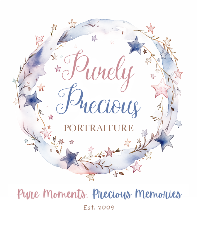 Purely Precious Portraiture logo with tagline and watercolor floral wreath in pastel script