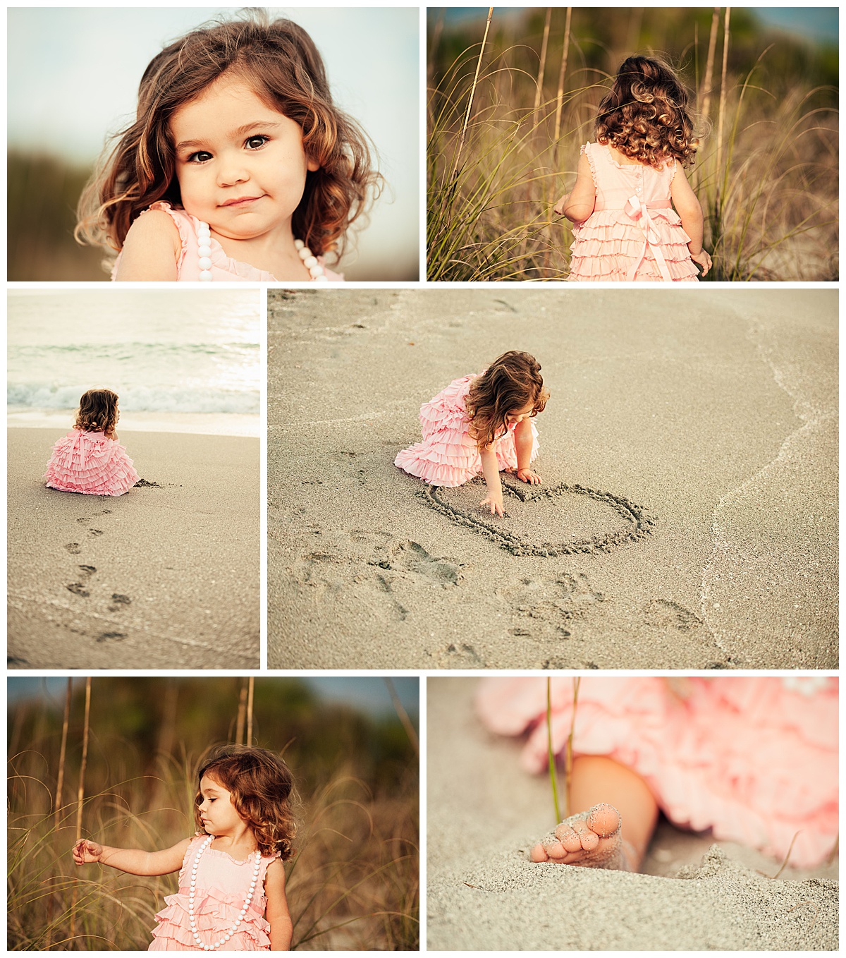 Collage of a young girl in a pink dress at the beach, drawing a heart in the sand and playing by the water