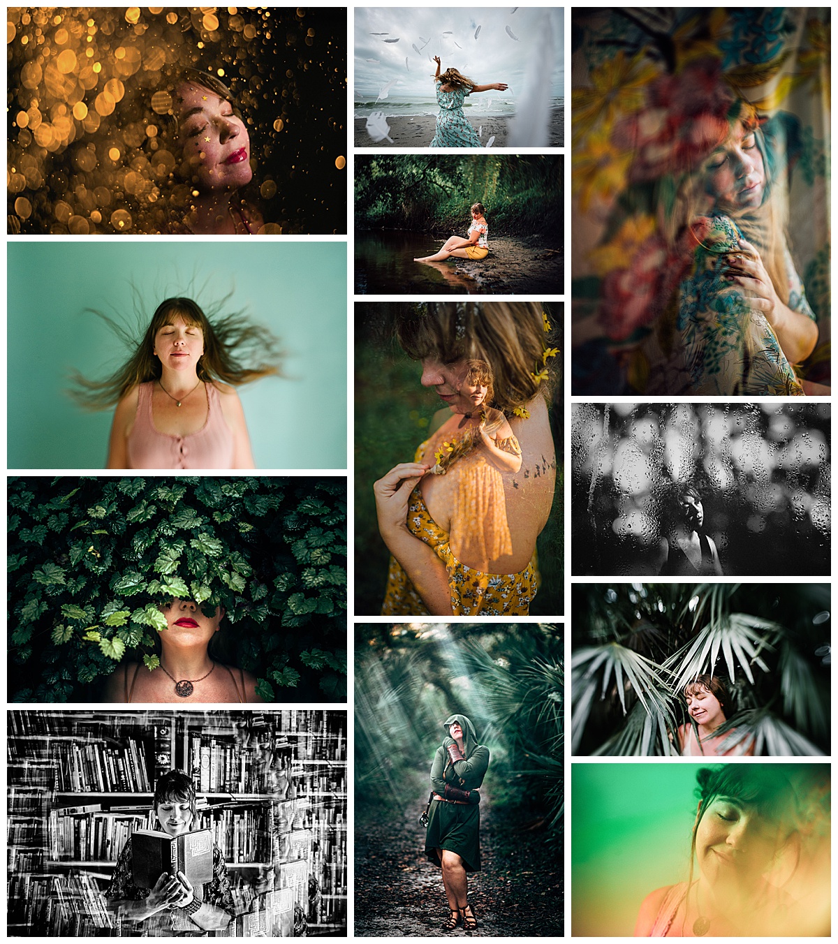 A collage of expressive self-portraits taken by Lindsay Lee in Sarasota, blending nature, color, light, and shadow to explore identity, emotion, and healing.