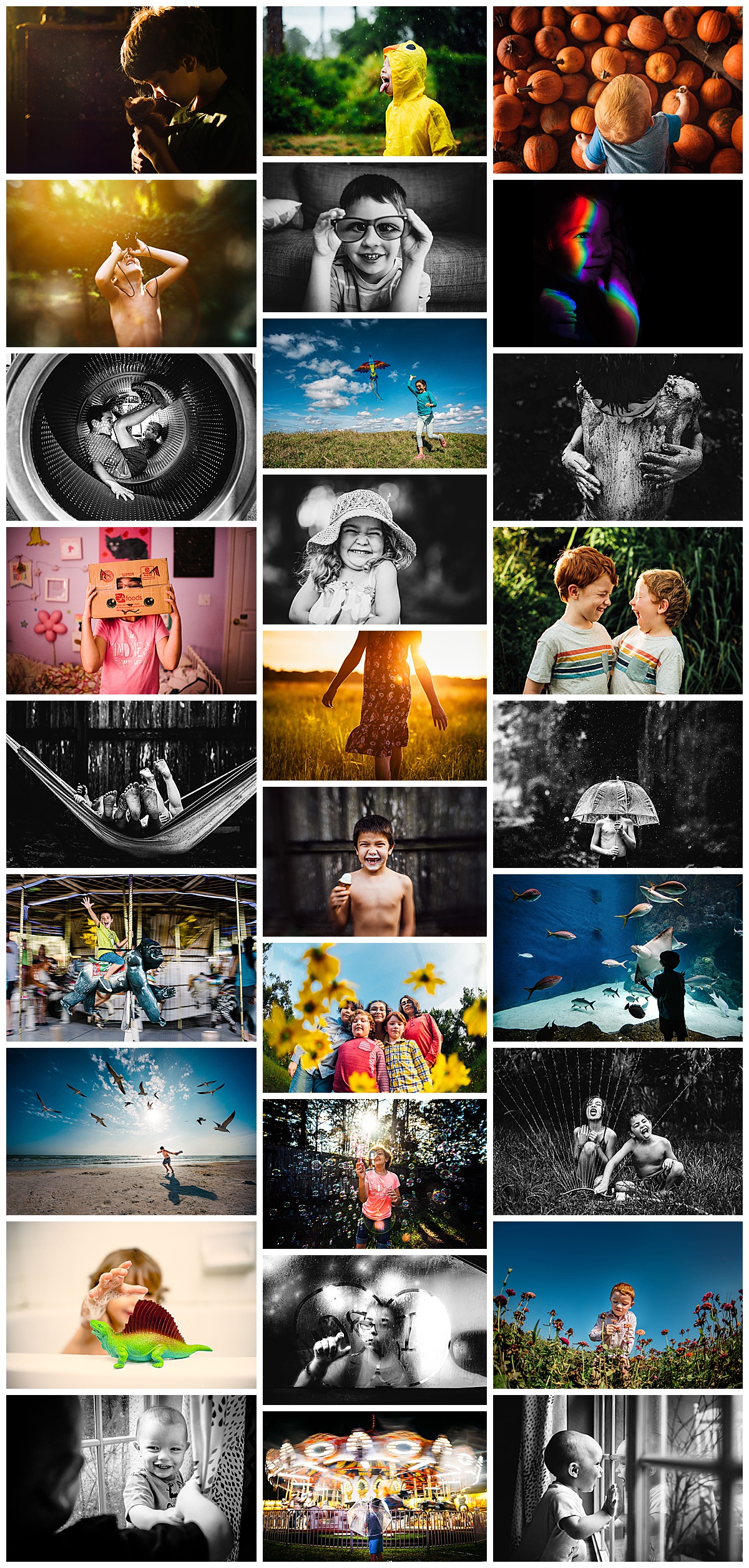 Photo collage of candid childhood moments including outdoor play, creativity, and nature