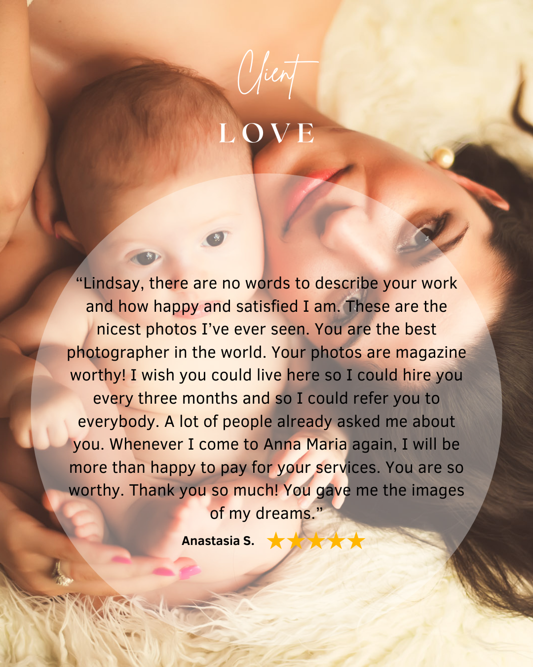 Mother and newborn lying closely together on a cream blanket, with a glowing testimonial from Anastasia praising the photography as the best she’s ever seen