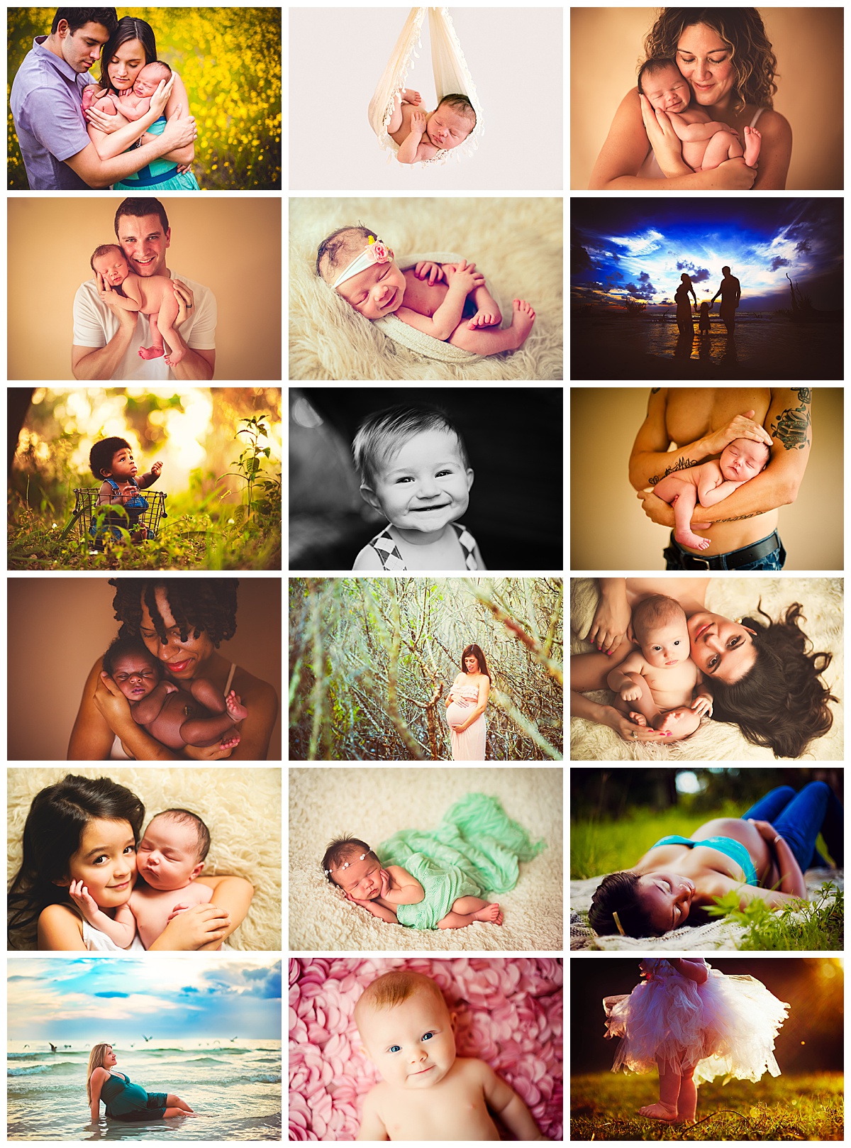 Collage of Sarasota newborn, maternity, and family photography with emotional and lifestyle moments captured outdoors and in-studio