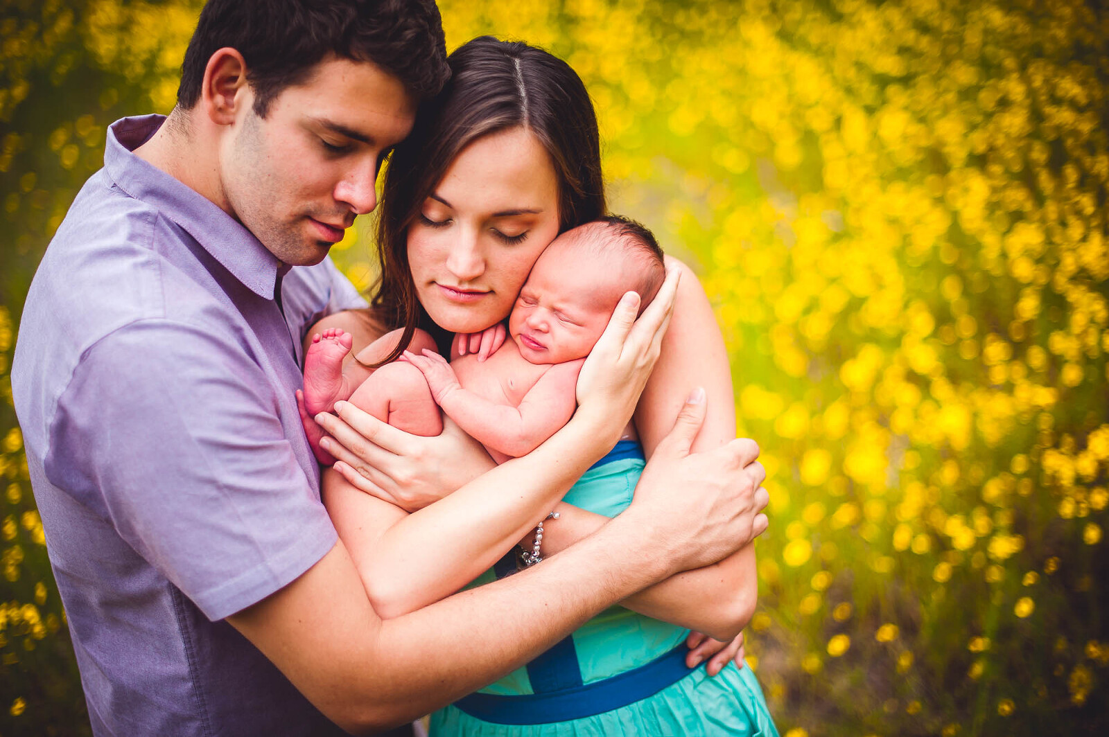 A Sarasota family cradles their newborn in a golden yellow wildflower field