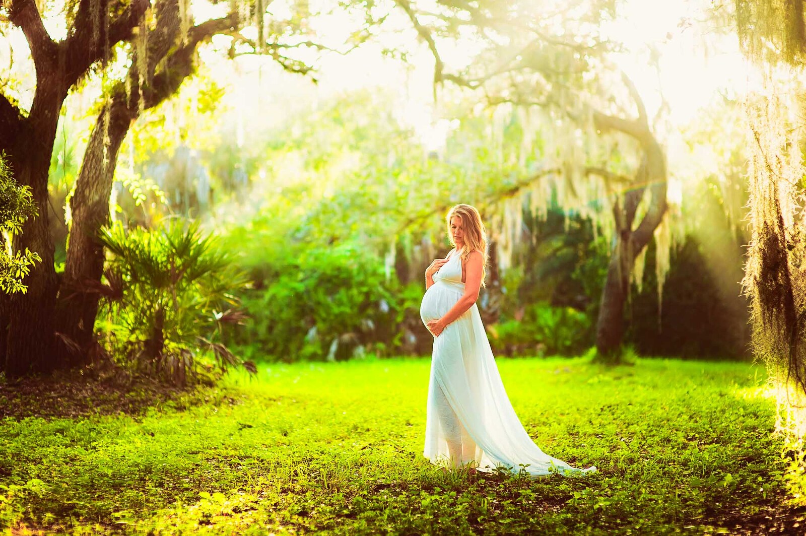 Pregnant woman in white dress holding her belly in a glowing forest in Sarasota, FL
